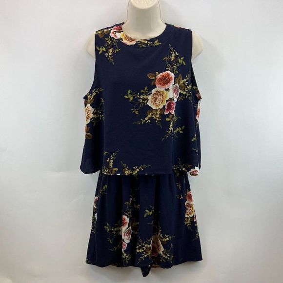 Umgee Womens Sz M Navy Blue Floral Sleeveless Open Back Romper - Picture 1 of 6